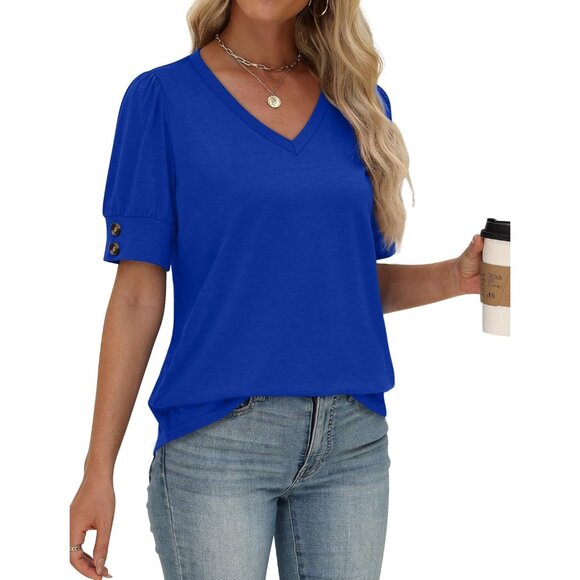 Women's Short Sleeve Blouse V Neck Casual Dressy Top Plus Size Summer - Picture 4 of 5